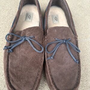 UGG Men’s Chocolate Brown Suede Moccasin Slip-Ons with Gray Laces